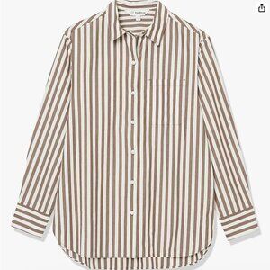 NWT The Drop Women's Kendra Loose Fit Long Shirt, Coffee Bean Stripe, XL